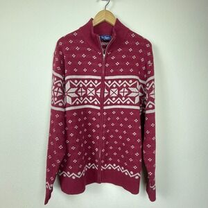 Paul Fredrick Sweater Men's XXL Lambswool Fair Isle Zip‎ Mock Neck Red Tan